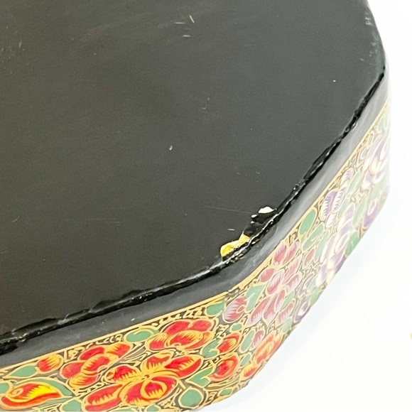 Handcrafted Lacquer Kashmir Paper Mache Trinket Box India Floral Velvet Lined - Picture 12 of 14